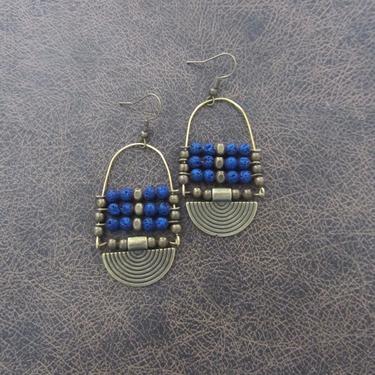 Blue lava rock earrings, chandelier earrings, etched bronze earrings, bold statement earrings, ethnic earrings, bohemian boho chic earrings 