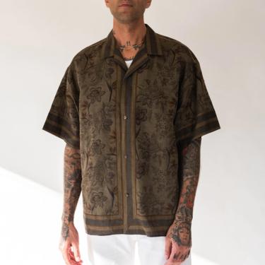 ETRO Espresso Brown Indonesian Botanical Print Drop Shoulder Boxy Cut Shirt w/ Camp Collar | Made in Italy | Italian Designer Linen Shirt 