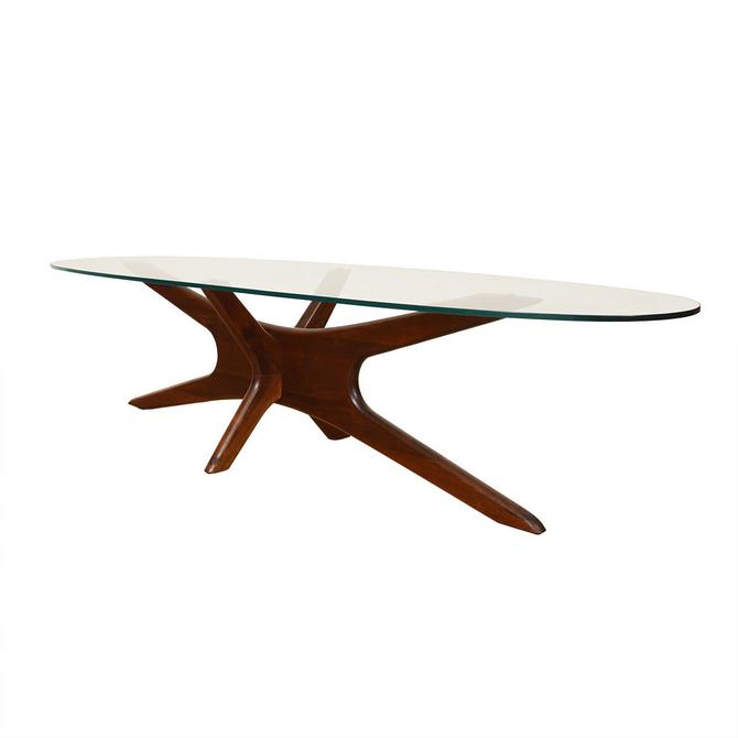 MCM Walnut Pearsall Style Coffee Table w/ Oval Glass Top Modern
