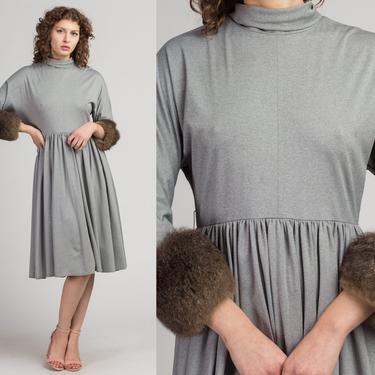 Vintage Victor Costa Fur Trim Midi Dress - Medium to Large | 70s 80s Designer I. Magnin Formal Grey Evening Dress 
