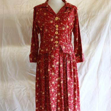 70s 80s Autumnal Floral Cotton Dress Size M / L 