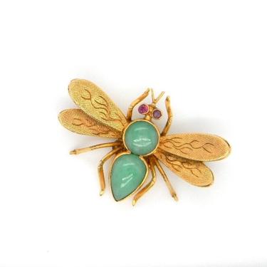 Vintage 14k Yellow Gold Jade Ruby Fly Insect Bee Pin Brooch Statement Hallmarked 