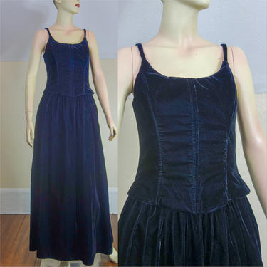 Vintage velvet full length formal Jessica McClintock size small 5 6, 80s 90s evening gown w corset top bodice, straps, full skirt princess 