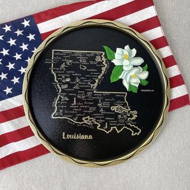 Louisiana souvenir metal tray - 1960s vintage printed state map 