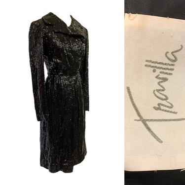 Vtg Vintage 1970s Designer Travilla Black Sequin Dress w. Statement collar 