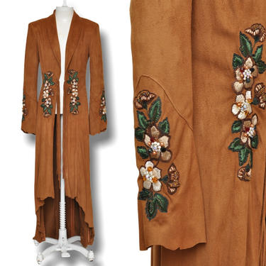 Vintage Brown Faux Suede Duster Coat Full Length Boho Style 