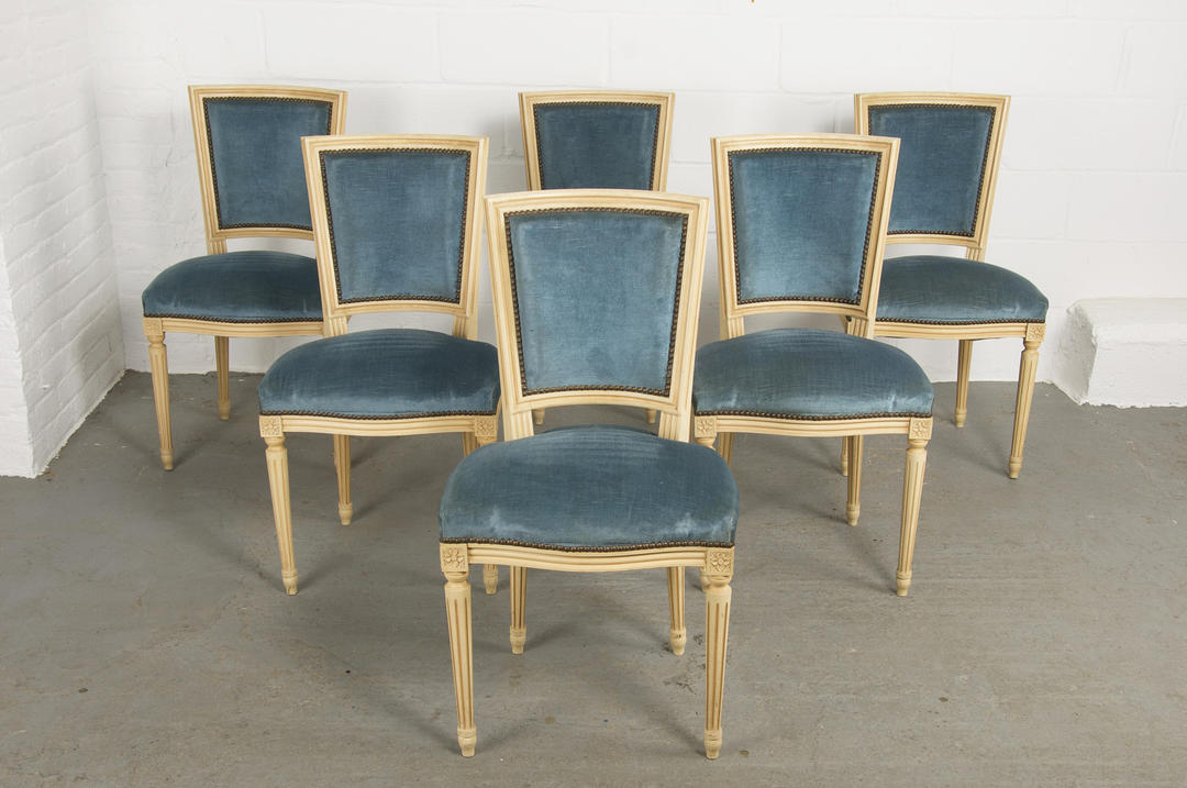 LOLO FRENCH ANTIQUES SET OF SIX FRENCH LOUIS XVI STYLE MAISON JANSEN  PARCEL-GILT AND PAINTED DINING SIDE CHAIRS - Lolo French Antiques et More