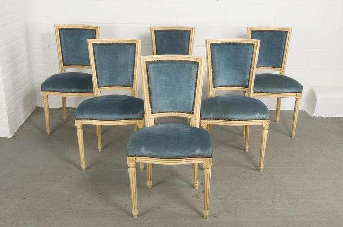 Six French Louis XVI High Back Blue Velvet Walnut Dining Chairs - Mary  Kay's Furniture