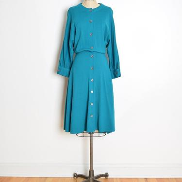 vintage 80s dress teal knit wool blend bloused modest midi dress M L clothing 