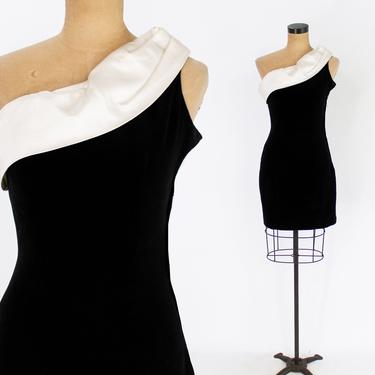 1980s Black Velvet One Shoulder Sheath Dress | 80s Black Mini Cocktail Dress | TERENCE NOLDER | Small 