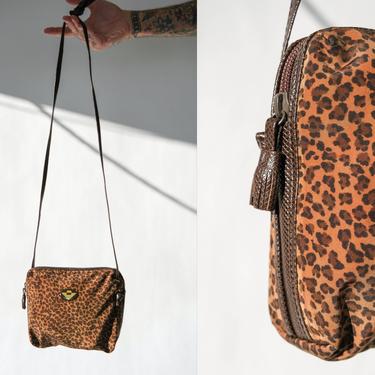 Vintage 90s Bottega Veneta Leopard Print Nylon & Leather Crossbody Bag w/ Original Tags Attached | Made in Italy | 1990s Designer Purse 