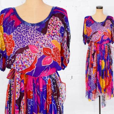 1980s Colorful Silk Beaded Dress | 80s Purple & Pink Silk Beaded Party Dress | Judith Ann Creations | M 