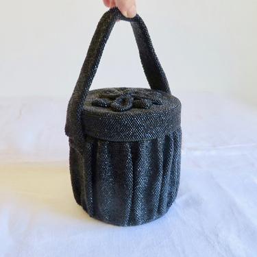 Vintage 1940's Black Carnival Glass Bead Cylinder Box Purse Structured Top Handle Evening Formal Cocktail Party Rockabilly WW2 Era Handbag 