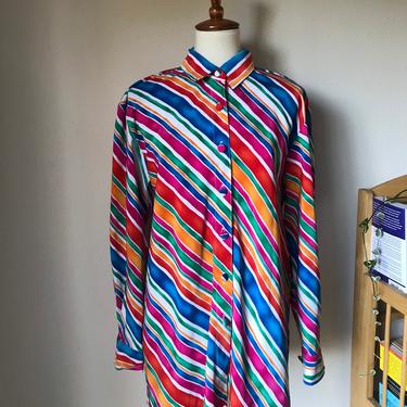 Vintage rainbow art strokes brush long sleeve collared button up size small 