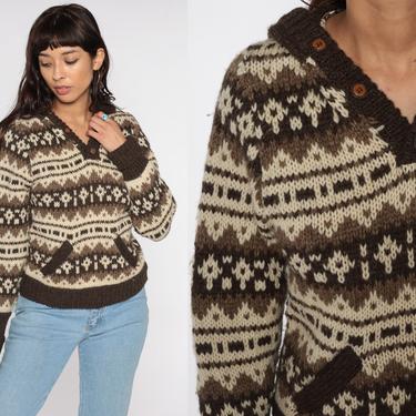 Hooded Sweater 70s Nordic Knit Hoodie Sweater Brown Half Button Up Bohemian Pullover Hood Jumper Khaki Geometric Fair Isle Extra Small XS 