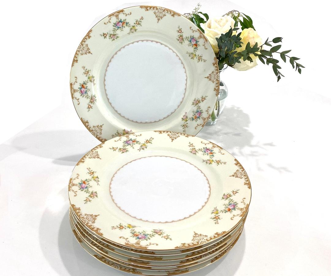 5 store Noritake Luncheon Plates, Marie Pattern, White, Red & Gold, Japan Vintage