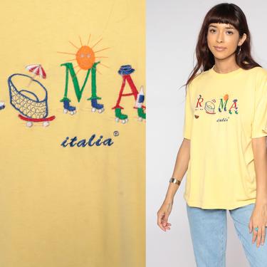 90s Rome Italy Shirt Embroidered Roma Italia Tshirt Graphic Tee Yellow Travel Top Vintage Roller Skating 1990s 