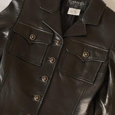 Vintage 90's CHANEL CC Logos Buttons Pockets Black Leather Jacket, Moonstone Vintage