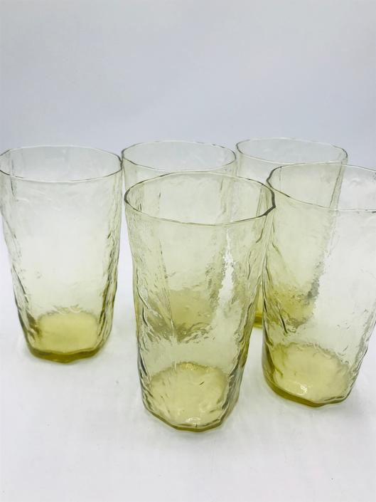 vintage Seneca driftwood crinkle textured yellow glass tumblers, drinking  glasses set