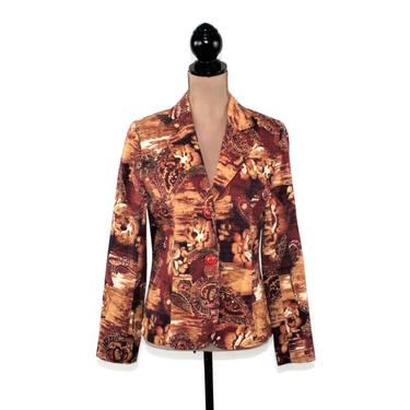 Orange & Brown Floral Blazer Women, Paisley Jacket Small Medium, Casual Fall Clothes, Y2K Vintage Clothing 