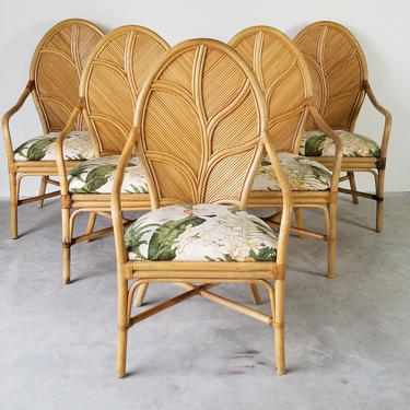 McGuire Style Tropical Rattan Leaf Back Arm Dining Chairs - Set of 5 