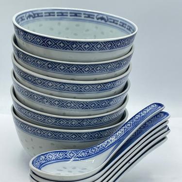 Set Of 6 Jingdezhen Spoons  &amp; Bowls , dragon medallion center, rice porcelain 