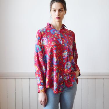 Vintage Red Floral Vine Top | M/L | 1980s/1990s Rayon Button Front with Paisley Print | Slouchy Fit 