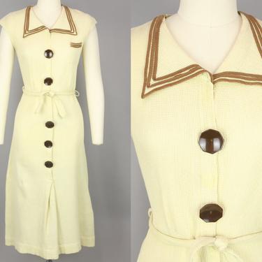 1930s Waffle Cotton Day Dress | Vintage 30s Yellow Dress with Brown Buttons &amp; Trim | small 