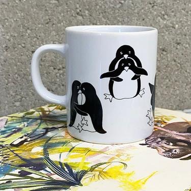 Vintage Penguin Mug Retro 1970s Taylor &amp; Ng + Novelty + Humor + Animals Making Love + White + Black + Porcelain + Made in Japan + Coffee Tea 