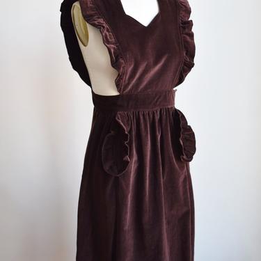 1940s Velveteen Pinafore Dress | Vintage 1940s Brown Cotton Velvet Pinafore Frock with Ruffles and Pockets | XXS/XS 