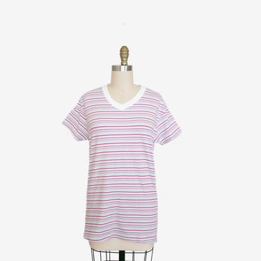 1990s Striped T Shirt - Hanes Short Sleeve - V Neck Ringer - 90s Tee Shirt - Women's Large - Pink & Baby Blue Pattern Striped Classic 