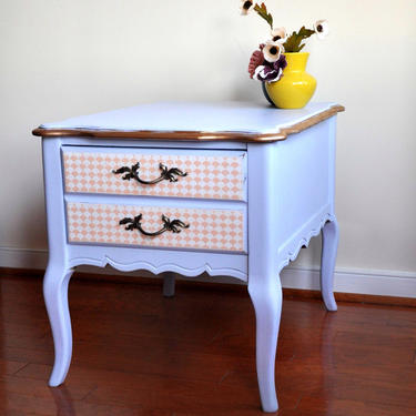 Shabby Chic, Lavender End Table, Solid Wood, Gold Detail, Distressed Decoupage, Bedroom Furniture, Purple Princess Room, Feminine Side Table 