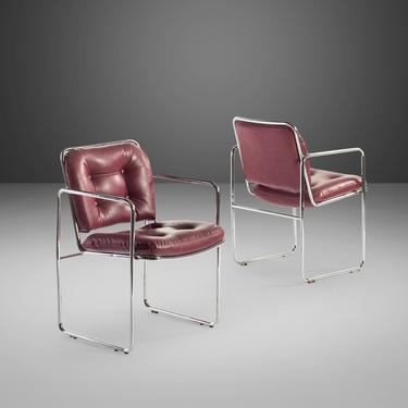 Mid Century Modern Tubular Chrome Lounge Chairs by Chromcraft with Rich Oxblood Seats, c. 1960s 