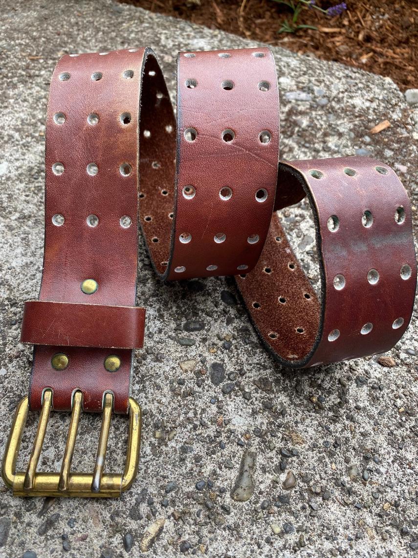 Vintage Leather Belt With Brass Buckle, 1970s Brown Leather Belt