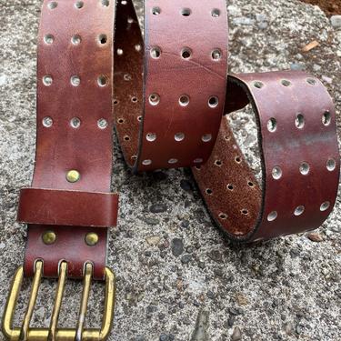 60’s wide leather belt with brass buckle~boho hippie  brown~ rock n roll hipster~ eyelets men’s size M/L unisex Open size 