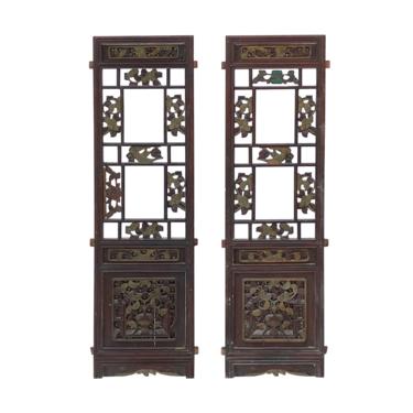 Pair Chinese Vintage Restored Wood Brown Flower Carving Wall Hanging Art cs6966E 
