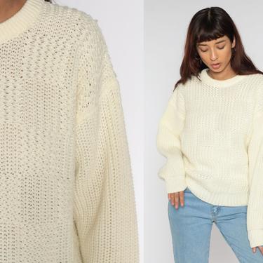 Cream Knit Sweater 80s Crewneck Sweater Plain Pullover Sweater Knit Grunge Hipster Vintage Knitwear Retro 1980s Cozy Crew Neck Small S 