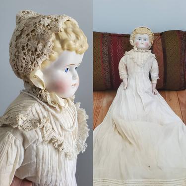 Antique German Doll with Blonde Molded Hair and Extra Long Gown - Antique German Dolls - Collectible Dolls 20&quot; tall 