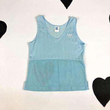 80s Adidas Baby Blue Mesh Striped Tank Top / Made In USA / Medium / 70s / Athletic / Sporty / Disco / Roller Rink / Jane Fonda / Pastel 