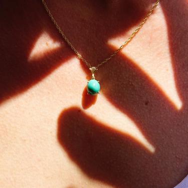 Vintage 14K Solitaire Turquoise Pendant Necklace, Prong Set Green Turquoise Stone Pendant, Delicate 14K Yellow Gold Chain, 18&amp;quot; Long 