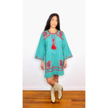 Indian Embroidered Tunic // vintage 70s embroidered dress blouse boho hippie hippy 1970s woven cotton mini // O/S 