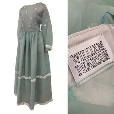 Vtg Vintage 1970s William Pearson Pastel Light Blue Sheer Floral Formal Dress 