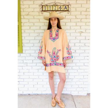 Indian Embroidered Tunic // vintage 70s embroidered peach dress | Fenix  Vintage - Los Angeles, CA | ATTIC