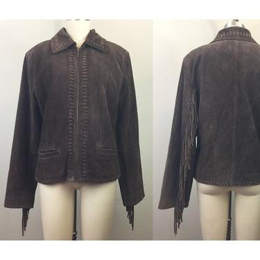 Vintage 90s Brown Suede Fringe Leather Jacket M 