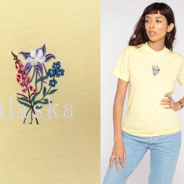 ALASKA T Shirt 80s Yellow Floral Embroidered TShirt Tourist Tee 1980s Vintage Graphic Print Small xs s 