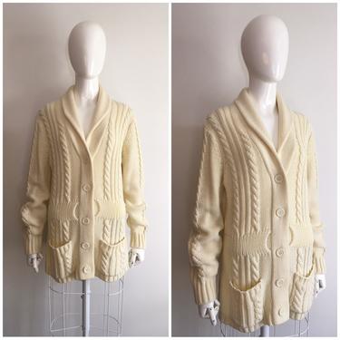 Vintage 1970s Cable Knit Cardigan 70s Grandpa Sweater Shawl Collar 