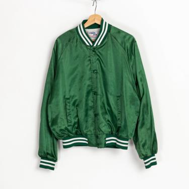 80s Chalk Line Plain Green Satin Varsity Jacket - Men's Large | Vintage Unisex Snap Button Striped Trim Bomber 
