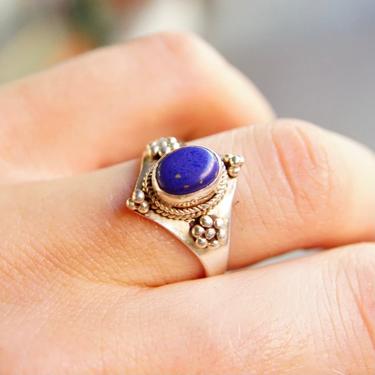 Vintage Silver Lapis Lazuli Ring, Cobalt Blue Gemstone, Raised Bezel Setting, Accent Silver Beads &amp; Woven Details, Size 8 1/4 US 
