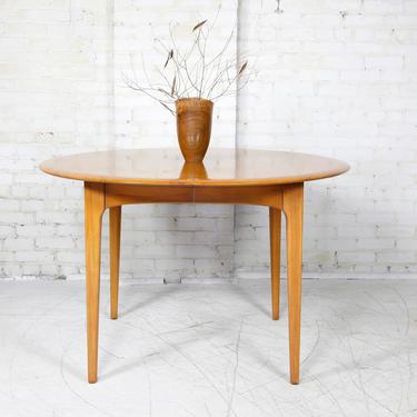 Vintage mcm solid pecan round dining table w extension leaf by Unique Furniture Makers | Free delivery in NYC and Hudson Valley areas 