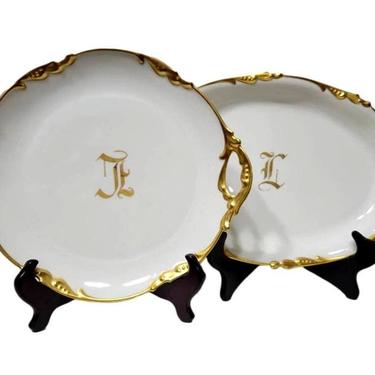 Jean Pouyat Limoges Gold and White Bone China Serving Platters - Antique Fine China Set of 2 